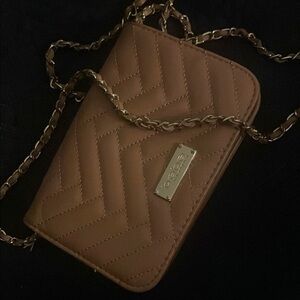 Bebe Brown Quilted Chevron Crossbody Bag with Chain Strap